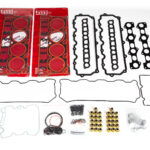 "High-quality head gaskets and cylinder heads for performance engine products, including turbo upgrades and diesel engine rebuild kits, showcased alongside Powerstroke parts in a well-lit workshop setting."