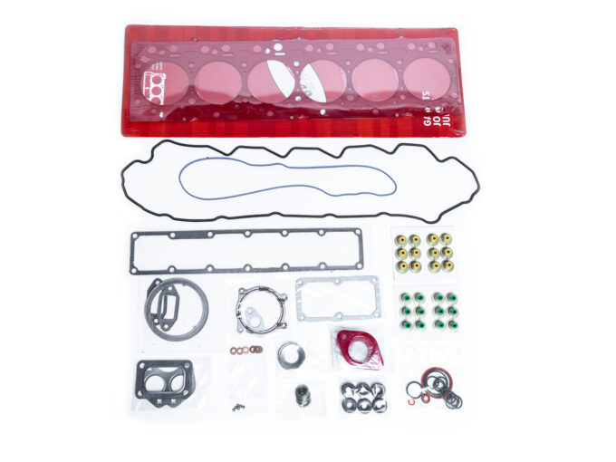 "High-quality head gaskets and cylinder heads displayed alongside performance engine products, turbo upgrades, and diesel engine rebuild kits, including top-notch Powerstroke parts for enhanced engine performance."