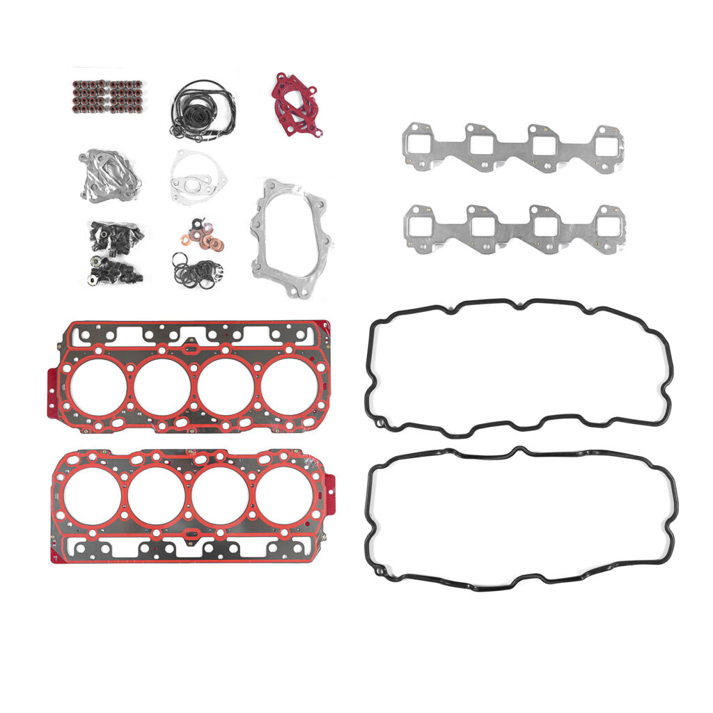 Alt text: "High-quality head gaskets and cylinder heads displayed as part of a performance engine products lineup, featuring turbo upgrades and diesel engine rebuild kits for Powerstroke Parts."