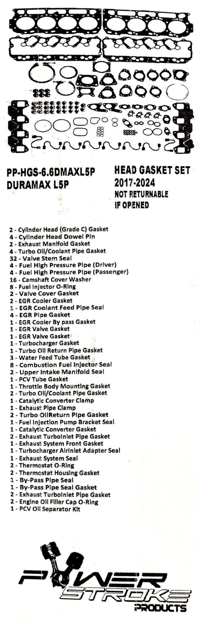 "Comprehensive L5P parts list featuring essential components like head gaskets, cylinder heads, and performance engine products, including turbo upgrades and diesel engine rebuild kits for Powerstroke parts enthusiasts."